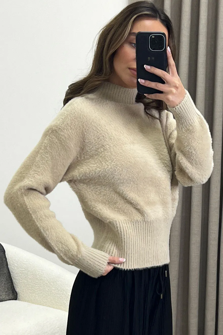 Carie Beige Faux Fur High Neck Knit Jumper