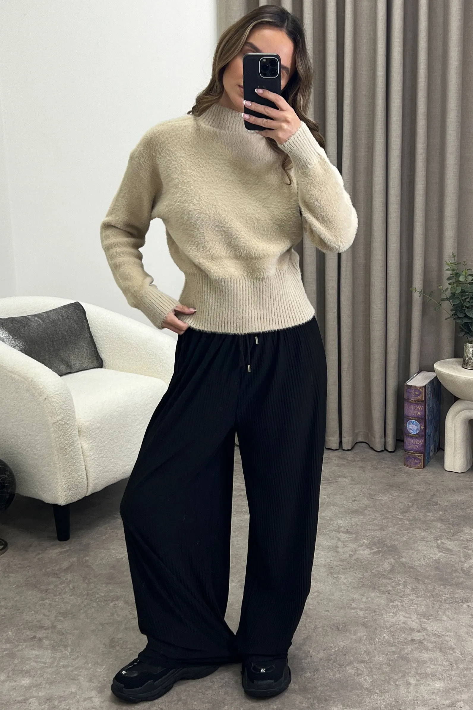 Carie Beige Faux Fur High Neck Knit Jumper