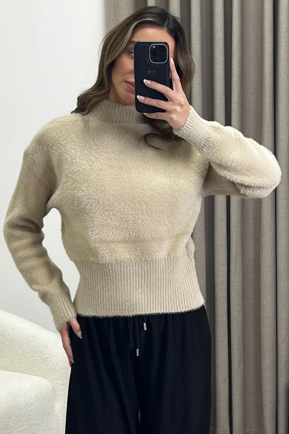 Carie Beige Faux Fur High Neck Knit Jumper
