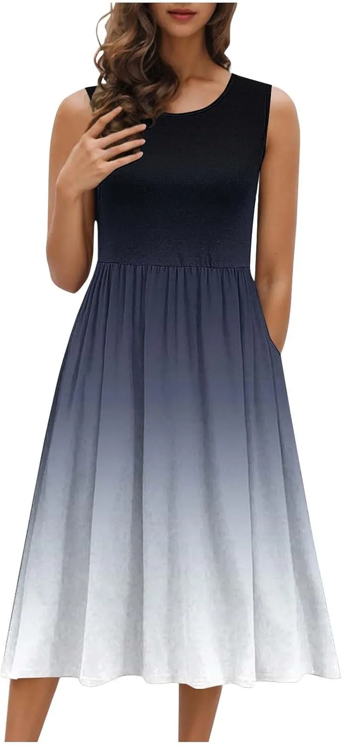 Casual Dresses for Women Summer Sleeveless Tie Dye Sundresses Empire Waist Midi Tank Dresses with Pockets 2025