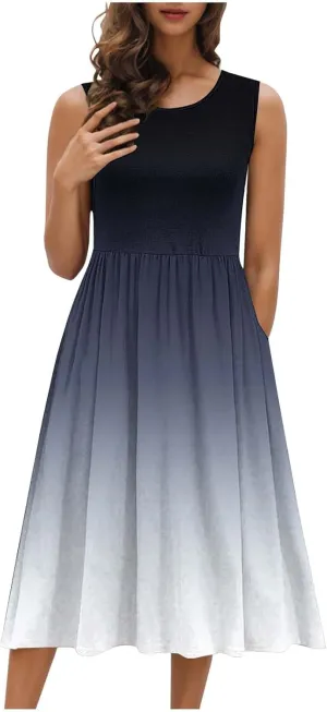 Casual Dresses for Women Summer Sleeveless Tie Dye Sundresses Empire Waist Midi Tank Dresses with Pockets 2025