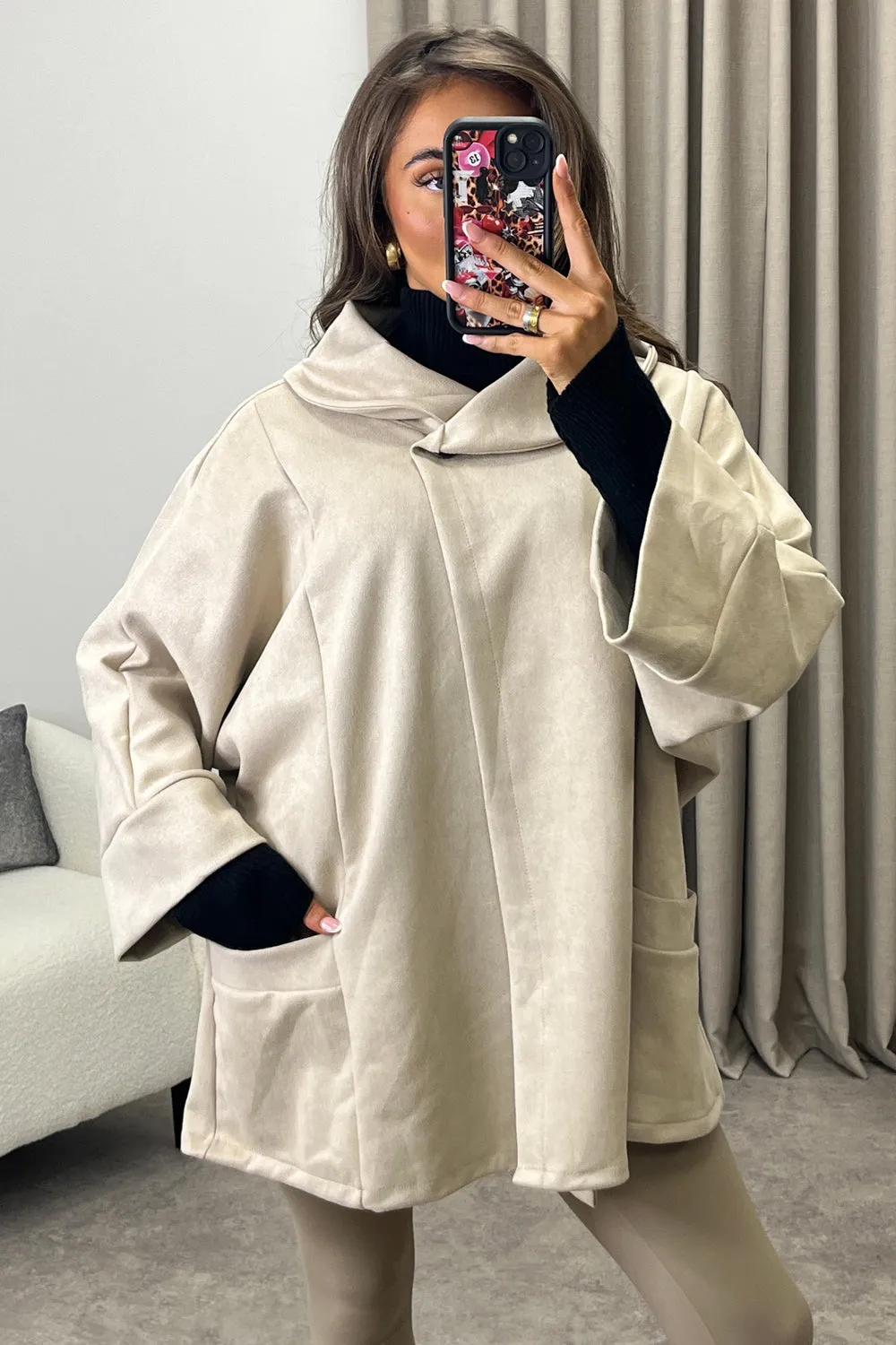 Isabelle Beige Faux Suede Button Oversized Jacket