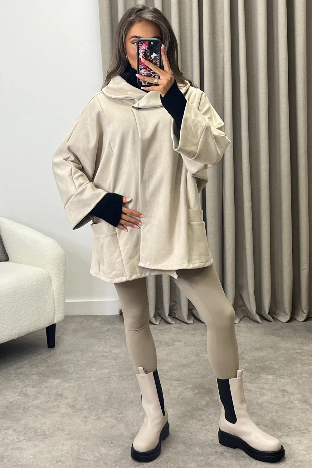 Isabelle Beige Faux Suede Button Oversized Jacket