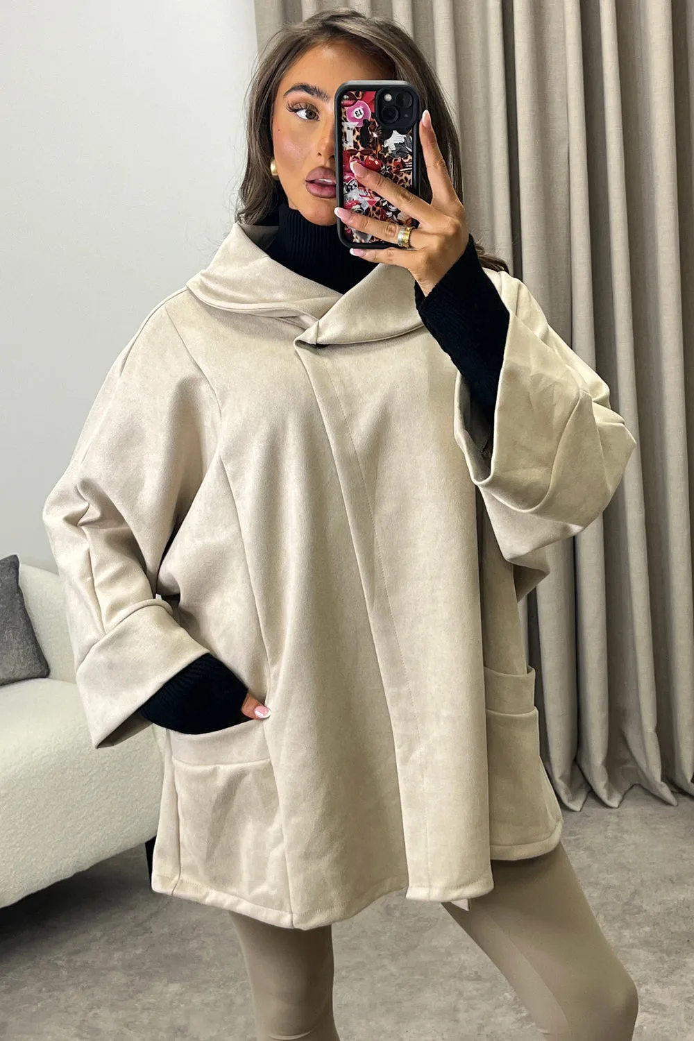 Isabelle Beige Faux Suede Button Oversized Jacket