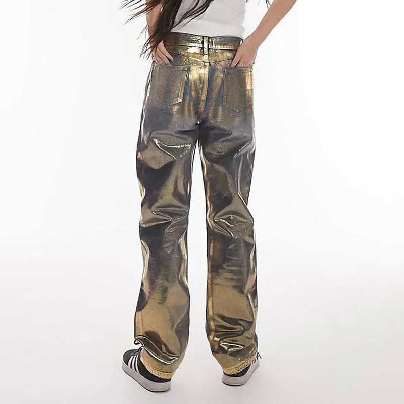 Metallic Gold Silver Straight Leg Jeans