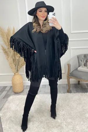 Mikka Black Felt Tassel Trim Cape