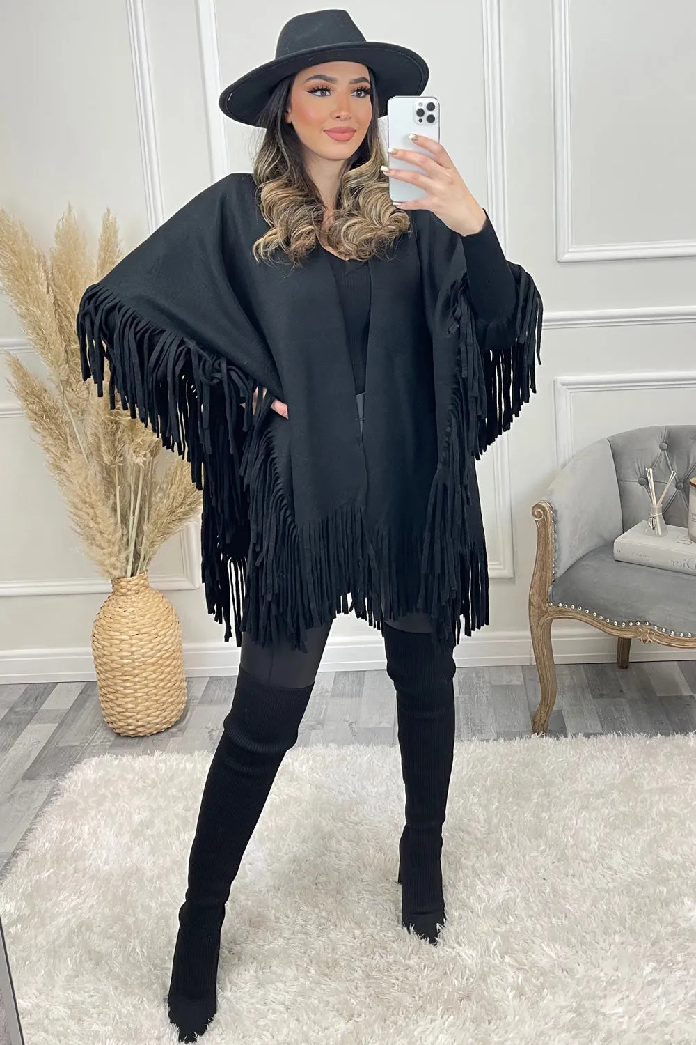 Mikka Black Felt Tassel Trim Cape