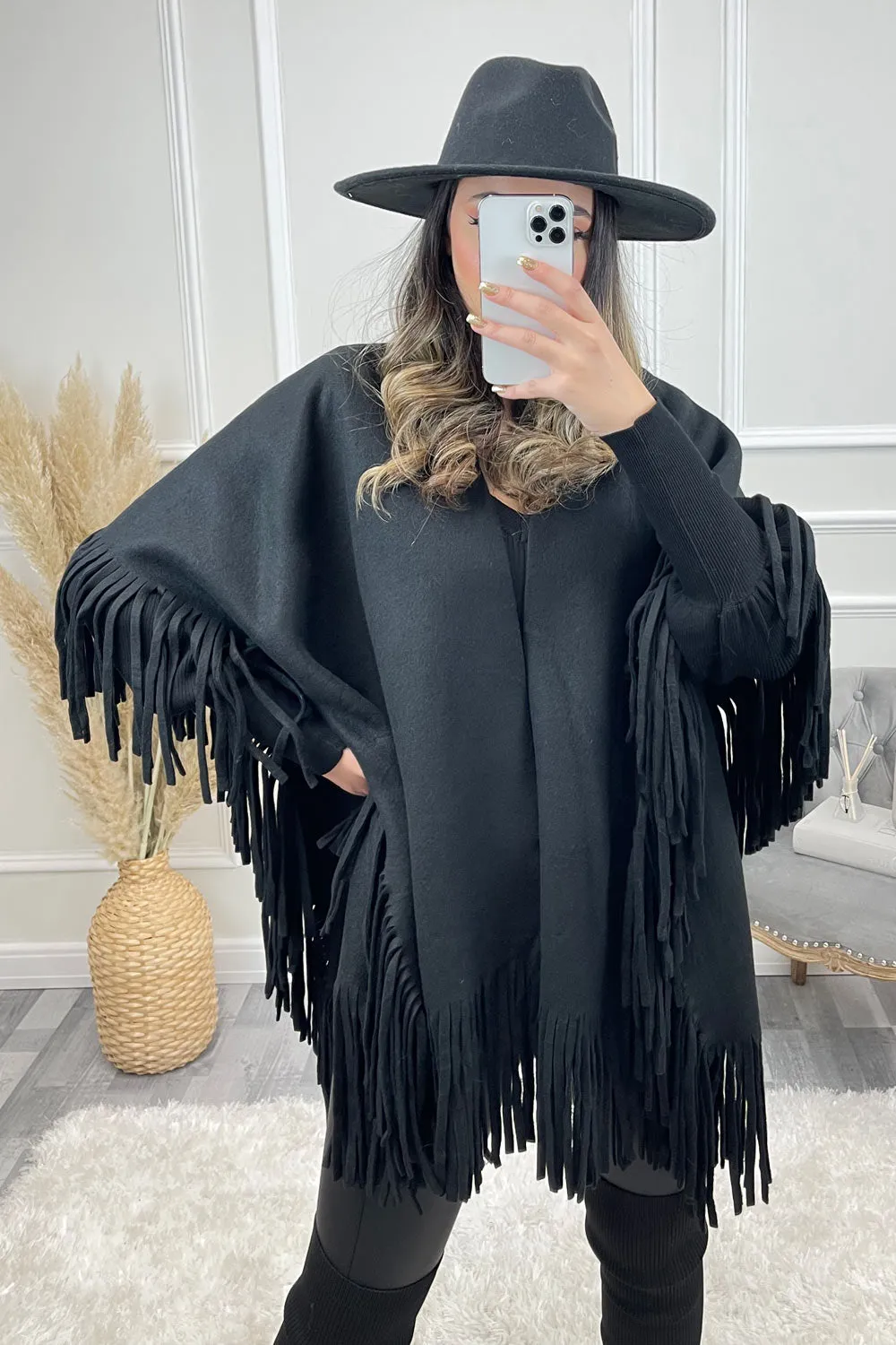 Mikka Black Felt Tassel Trim Cape