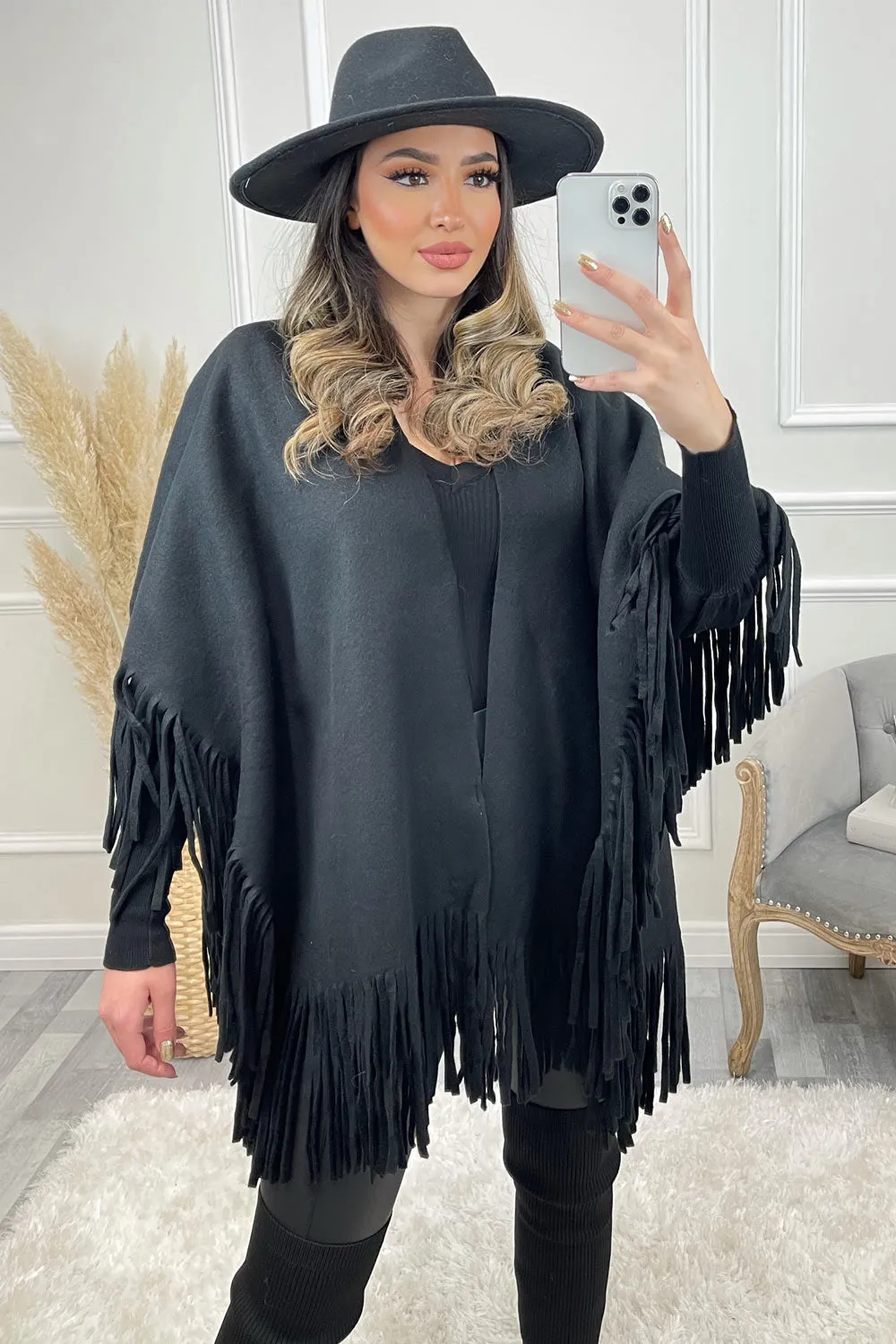 Mikka Black Felt Tassel Trim Cape