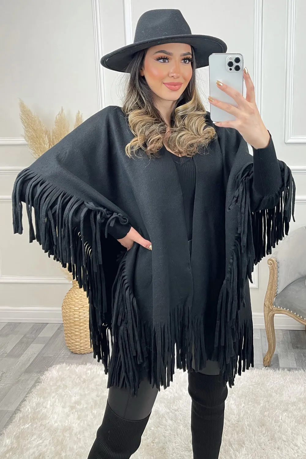 Mikka Black Felt Tassel Trim Cape