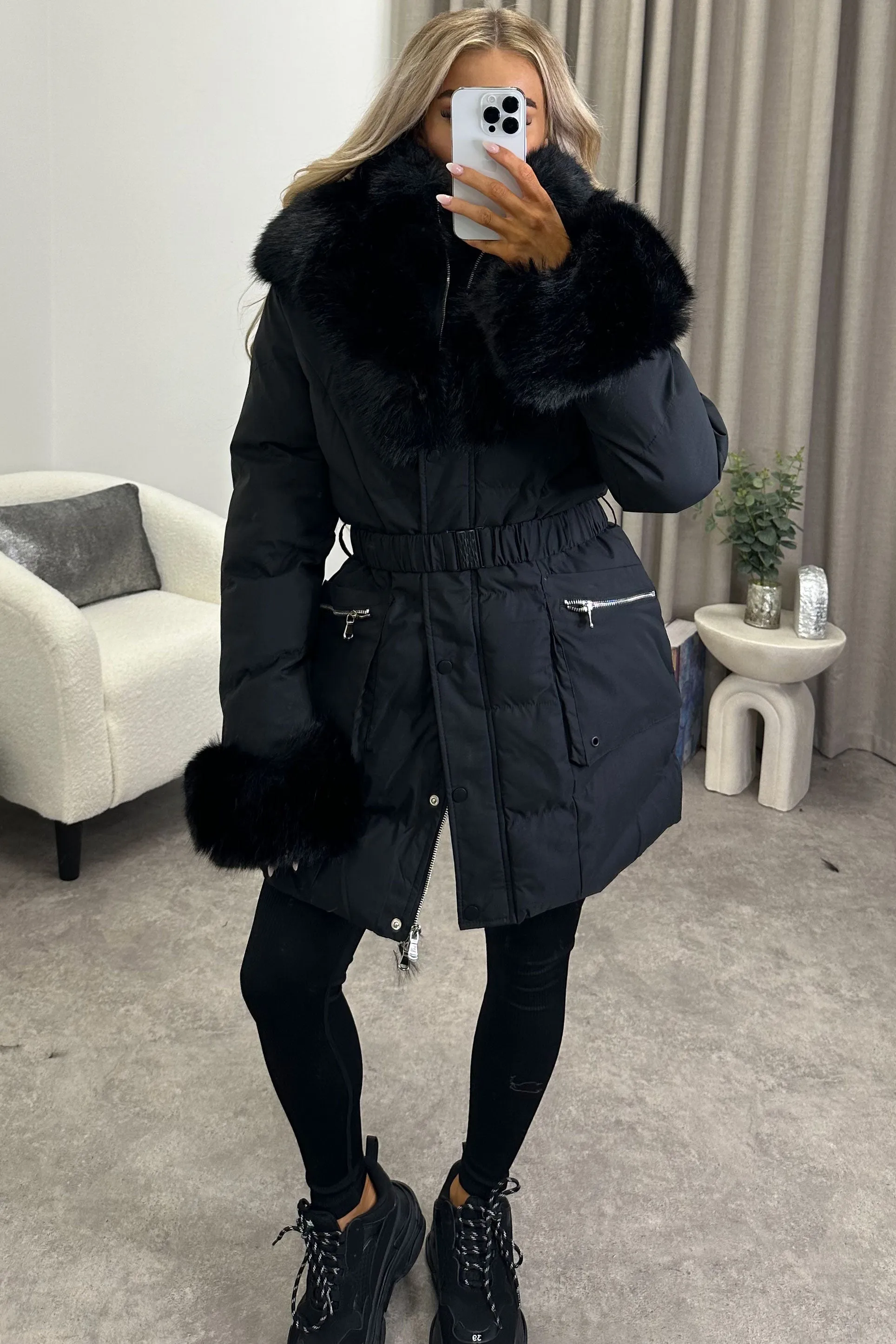 Simena Black Faux Fur Trim Hooded Padded Longline Coat