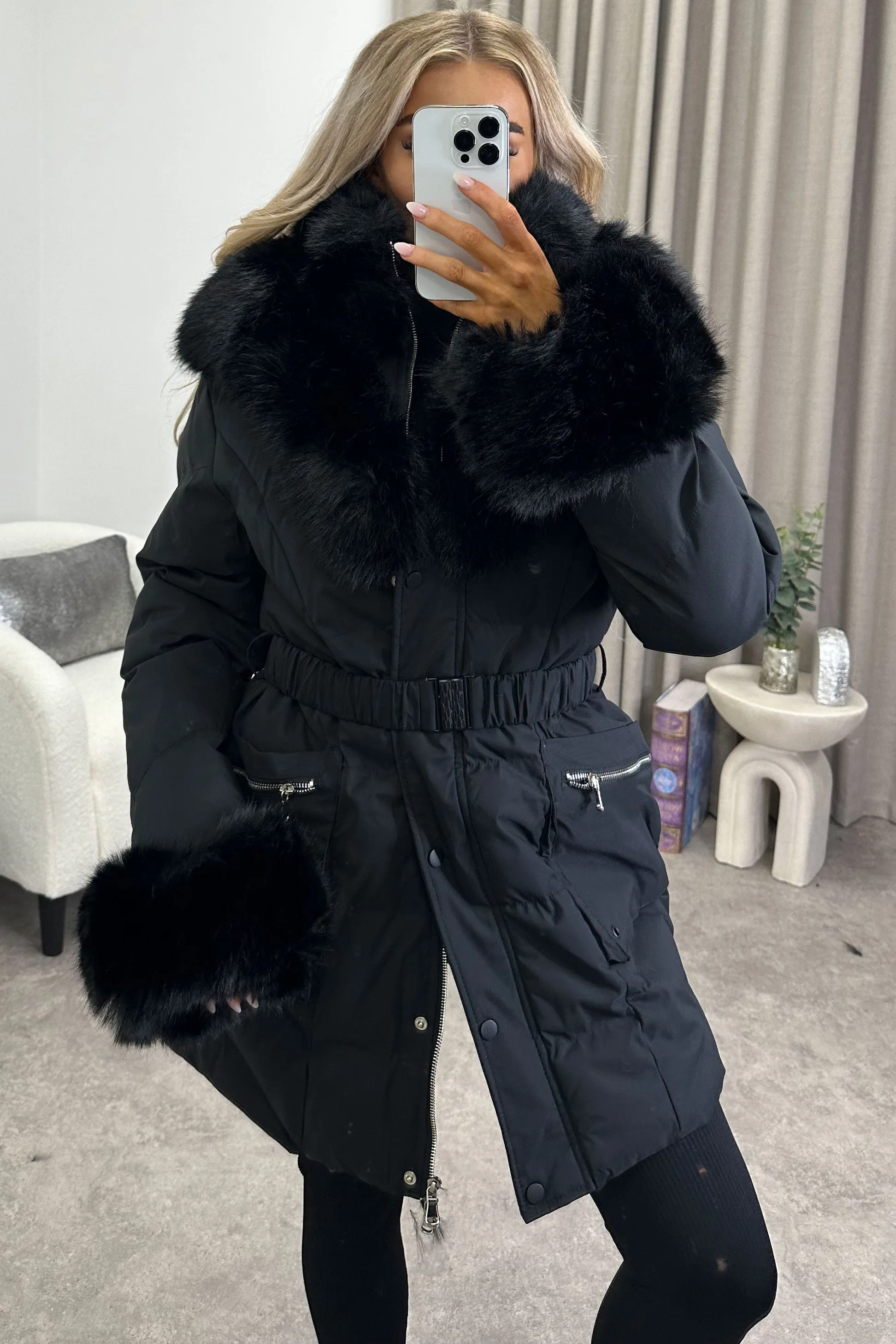 Simena Black Faux Fur Trim Hooded Padded Longline Coat