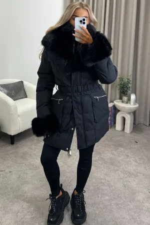 Simena Black Faux Fur Trim Hooded Padded Longline Coat