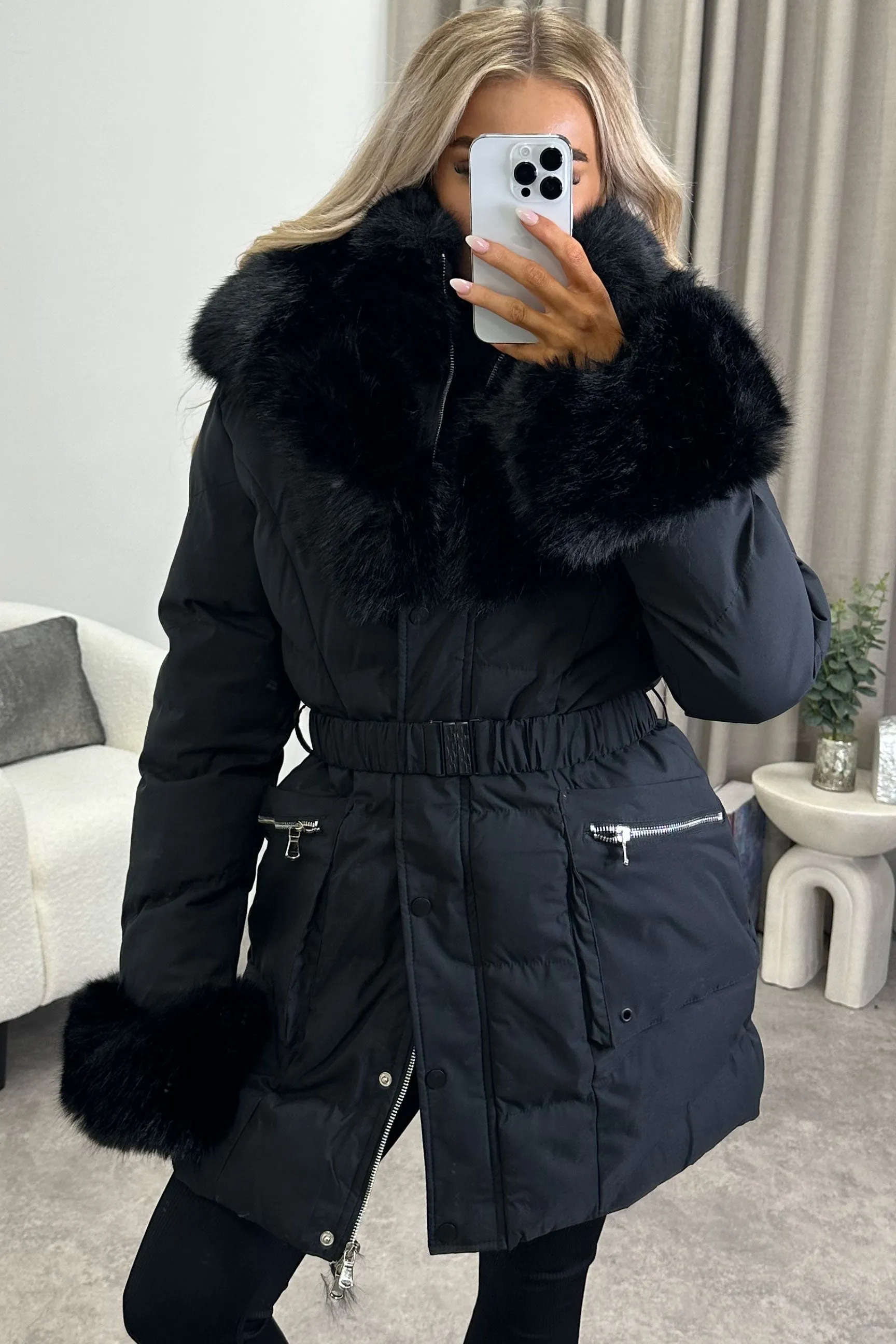 Simena Black Faux Fur Trim Hooded Padded Longline Coat