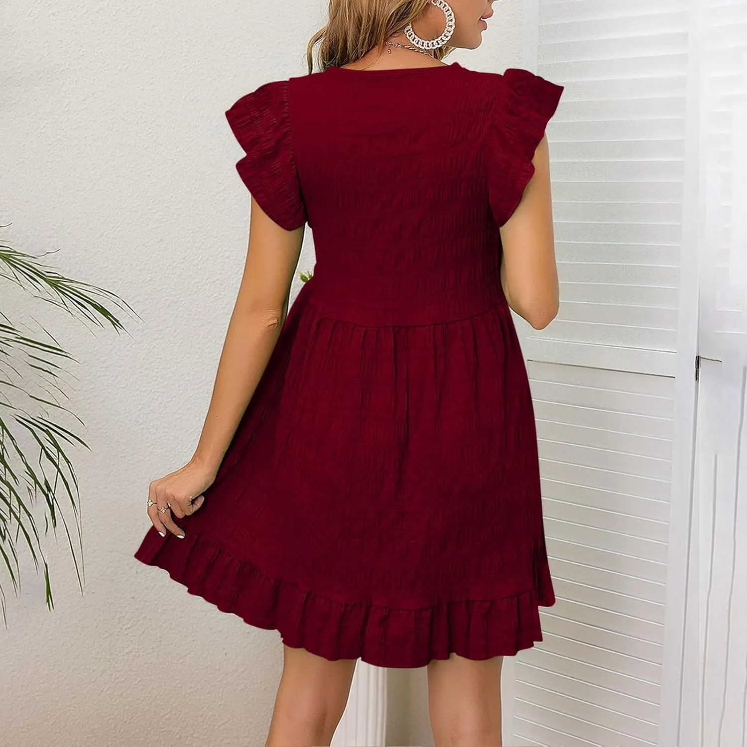 Womens Casual Summer Tunic Tshirt Mini Dresses Crewneck Ruffle Short Sleeve Beach Sundress Loose Casual Shift Dress